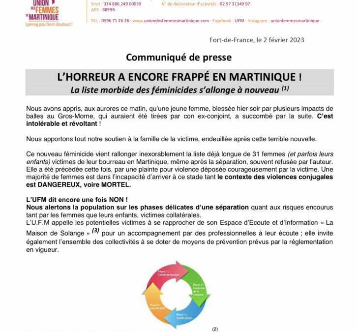 Communiqué de presse du 1er féminicide de l’année en Martinique